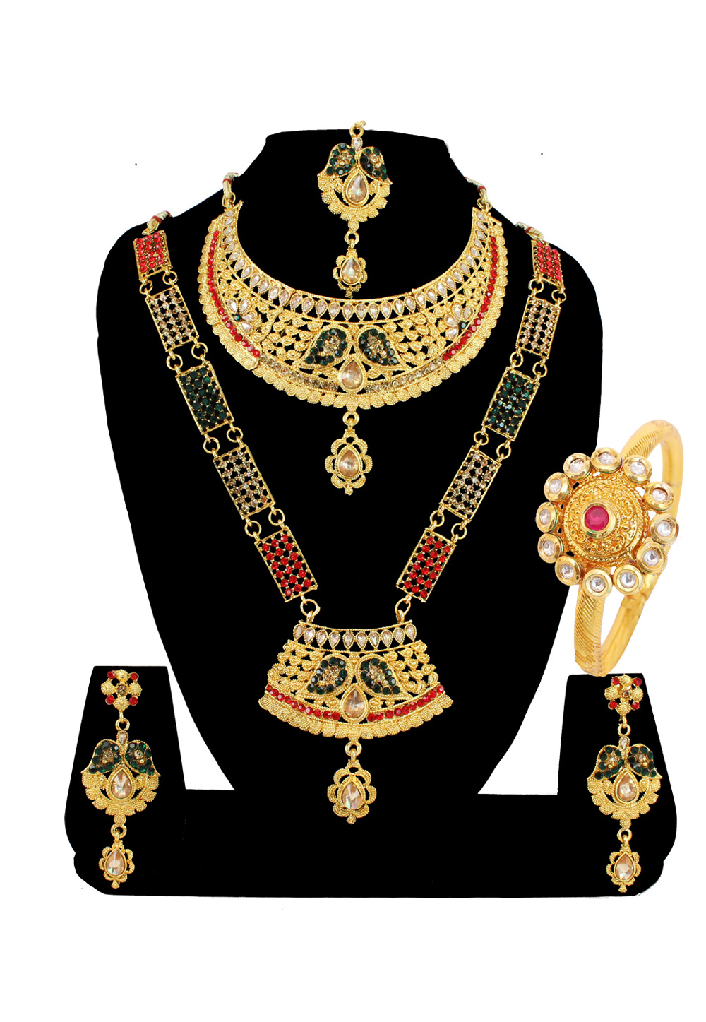 Green Alloy Austrian Diamond Heavy Necklace Set Earrings and Maang Tikka 177811