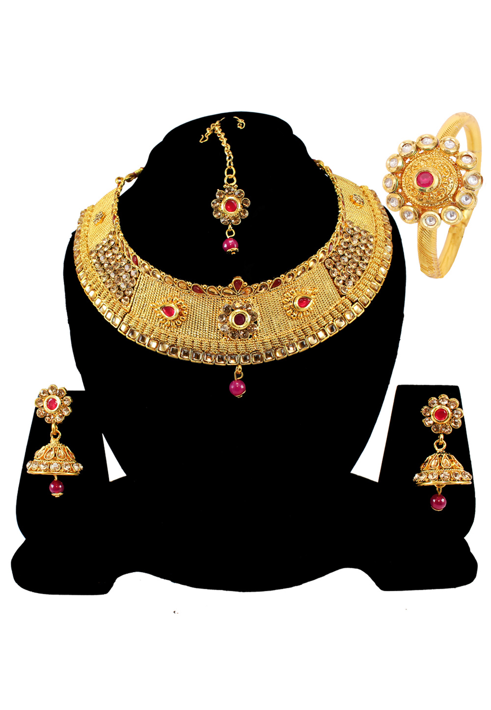 Maroon Alloy Austrian Diamond Necklace Set Earrings and Maang Tikka 177820