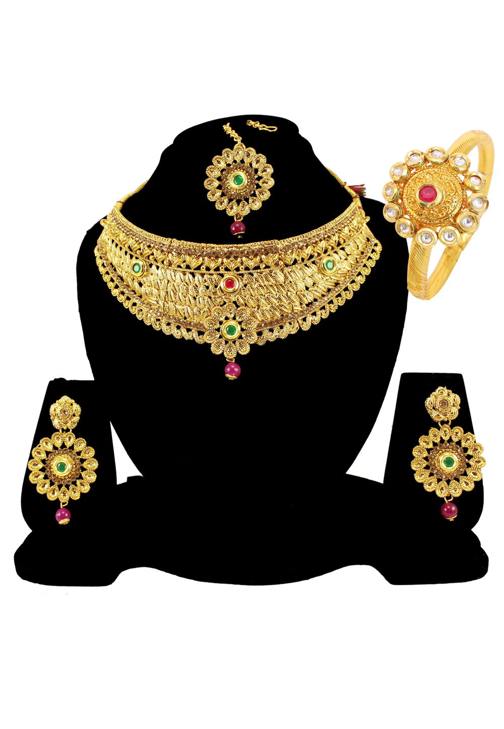 Green Alloy Austrian Diamond Necklace Set Earrings and Maang Tikka 177825