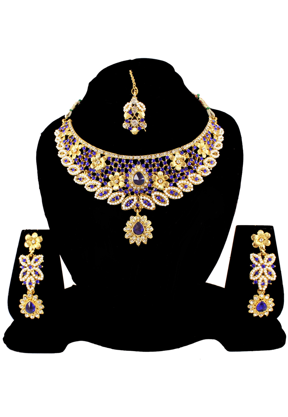 Blue Alloy Austrian Diamond Necklace Set Earrings and Maang Tikka 177828