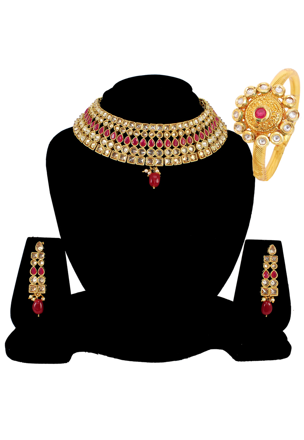 Maroon Alloy Necklace Set Earrings and Kada Bangles 177833