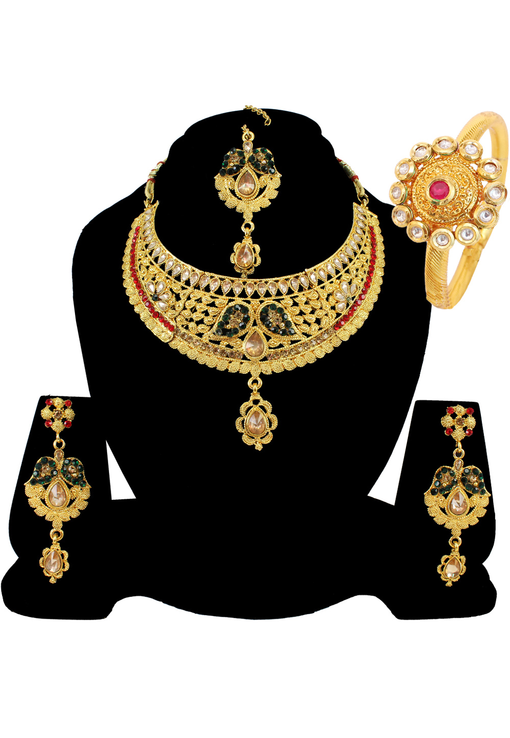 Green Alloy Austrian Diamond Necklace Set Earrings and Maang Tikka 177838