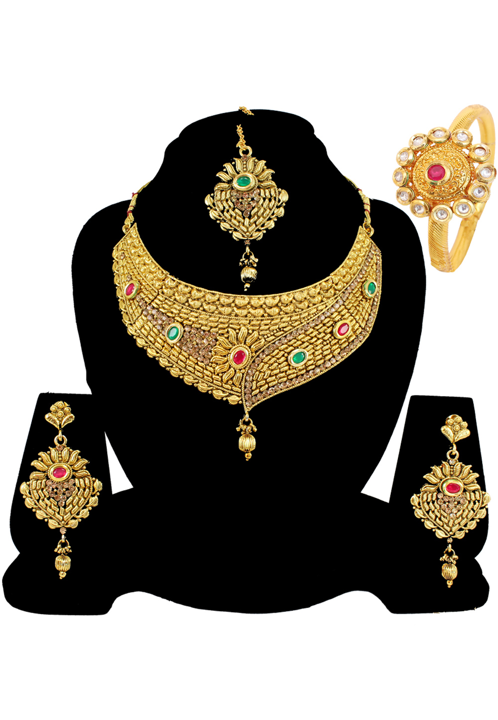 Green Alloy Austrian Diamond Necklace Set Earrings and Maang Tikka 177894