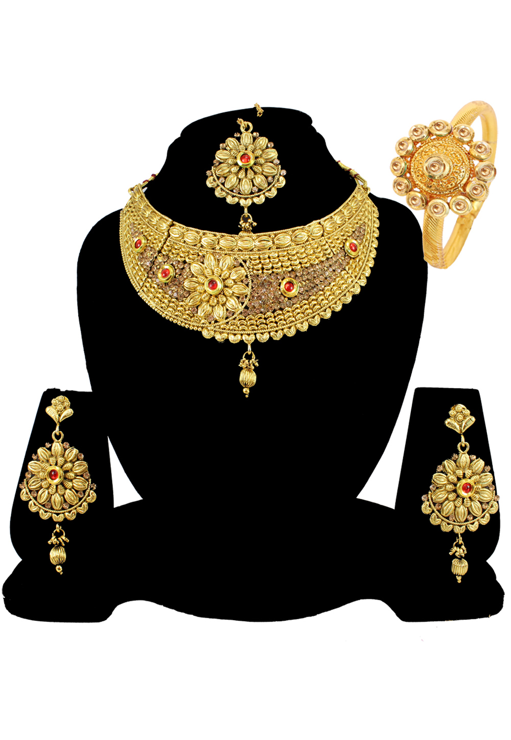 Maroon Alloy Austrian Diamond Necklace Set Earrings and Maang Tikka 177895