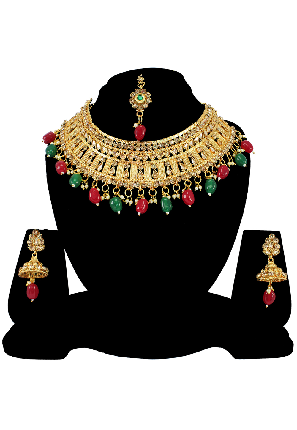 Green Alloy Austrian Diamond Necklace Set With Earrings and Maang Tikk