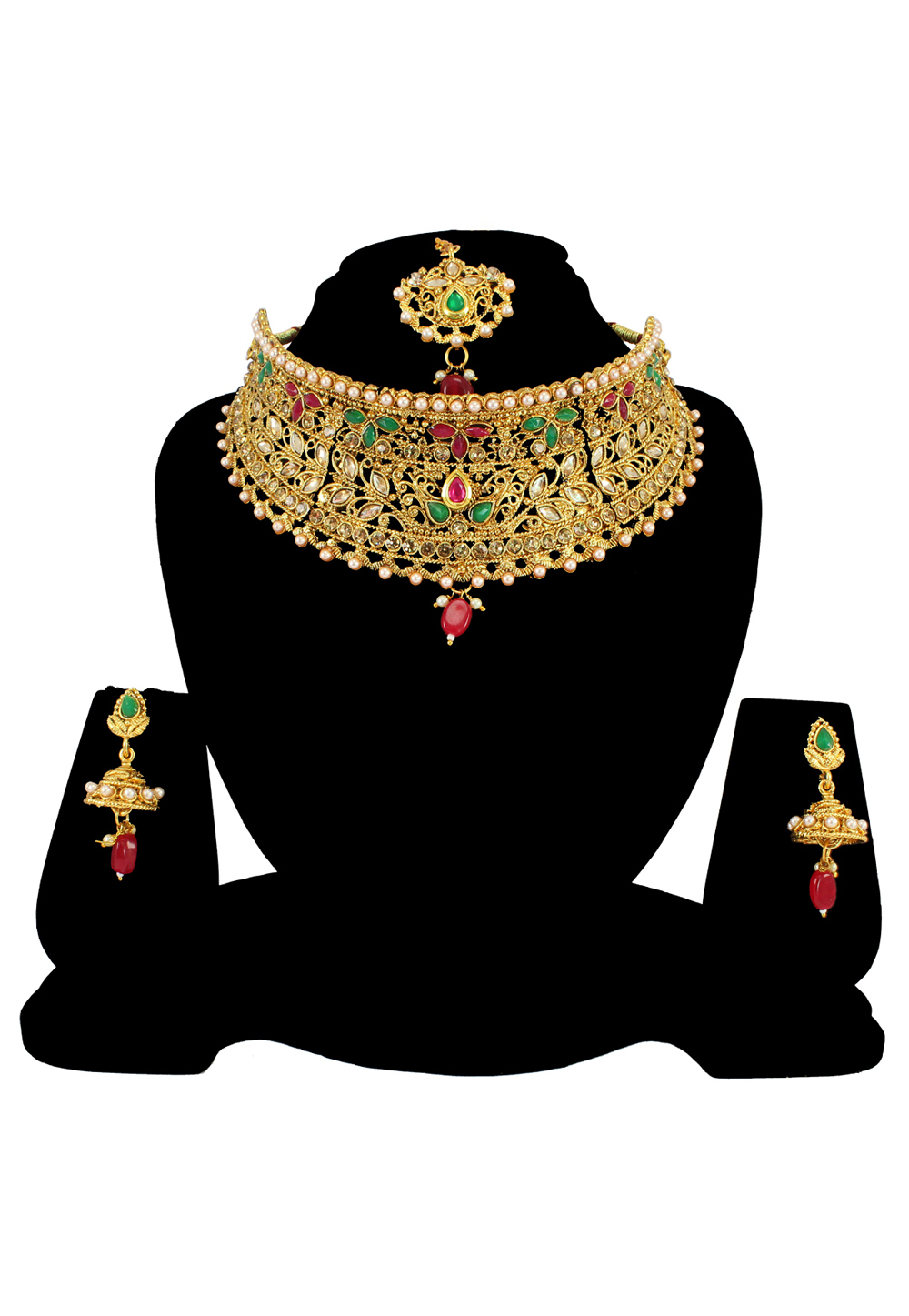 Green Alloy Austrian Diamond Necklace Set With Earrings and Maang Tikka 197170