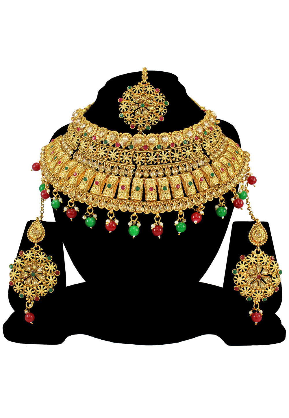 Green Alloy Austrian Diamond Necklace Set With Earrings and Maang Tikka 197185