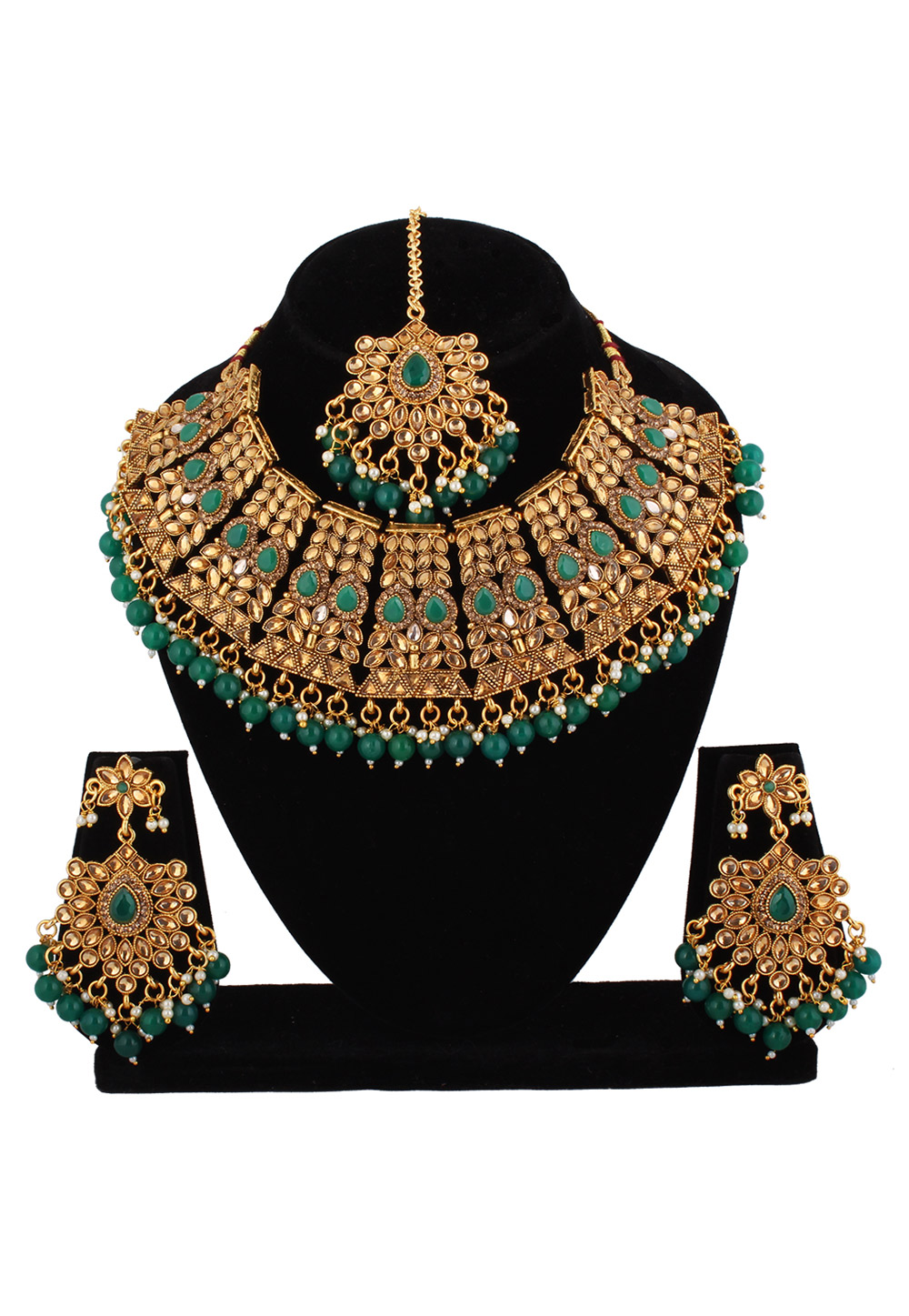 Green Alloy Austrian Diamond Necklace Set With Earrings and Maang Tikka 220234