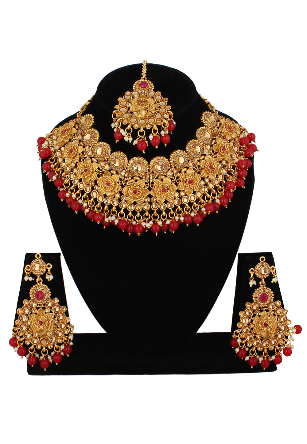Maroon Alloy Austrian Diamond Necklace Set With Earrings and Maang Tikka 220237