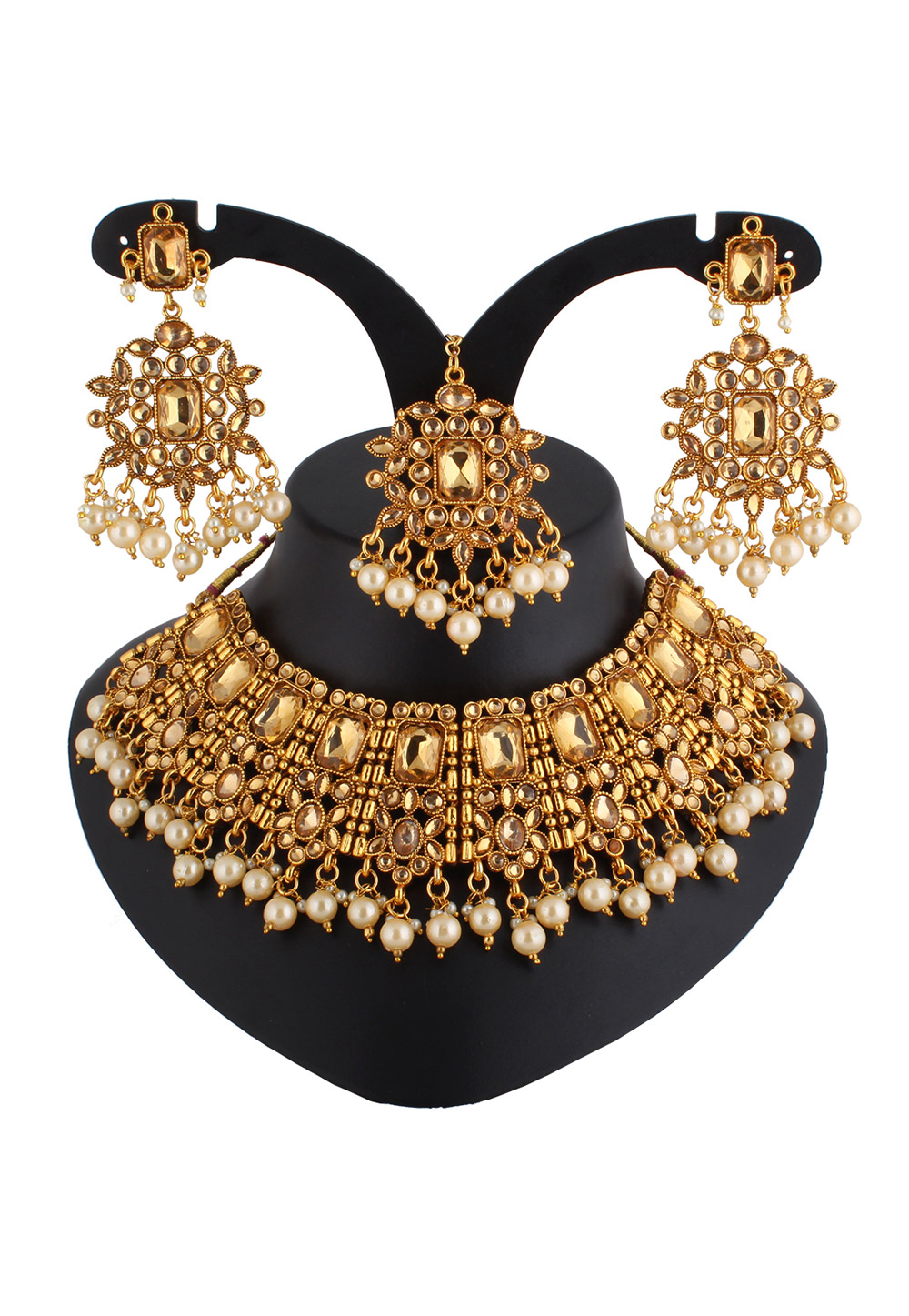 Off White Alloy Austrian Diamond Necklace Set With Earrings and Maang Tikka 220243
