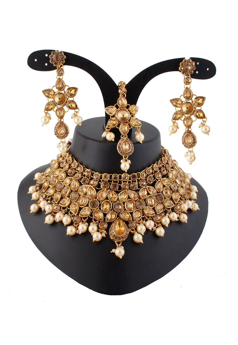 Off White Alloy Austrian Diamond Necklace Set With Earrings and Maang Tikka 220255