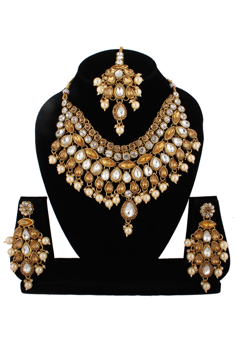Off White Alloy Austrian Diamond Necklace Set With Earrings and Maang Tikka 220257