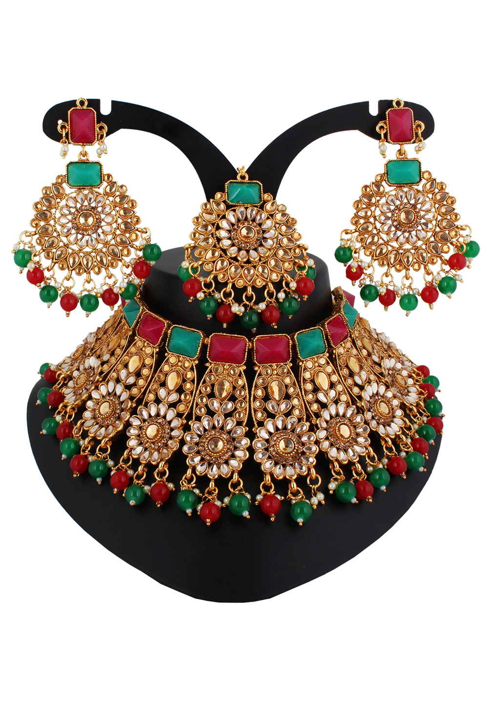 Green Alloy Austrian Diamond Necklace Set With Earrings and Maang Tikka 220278