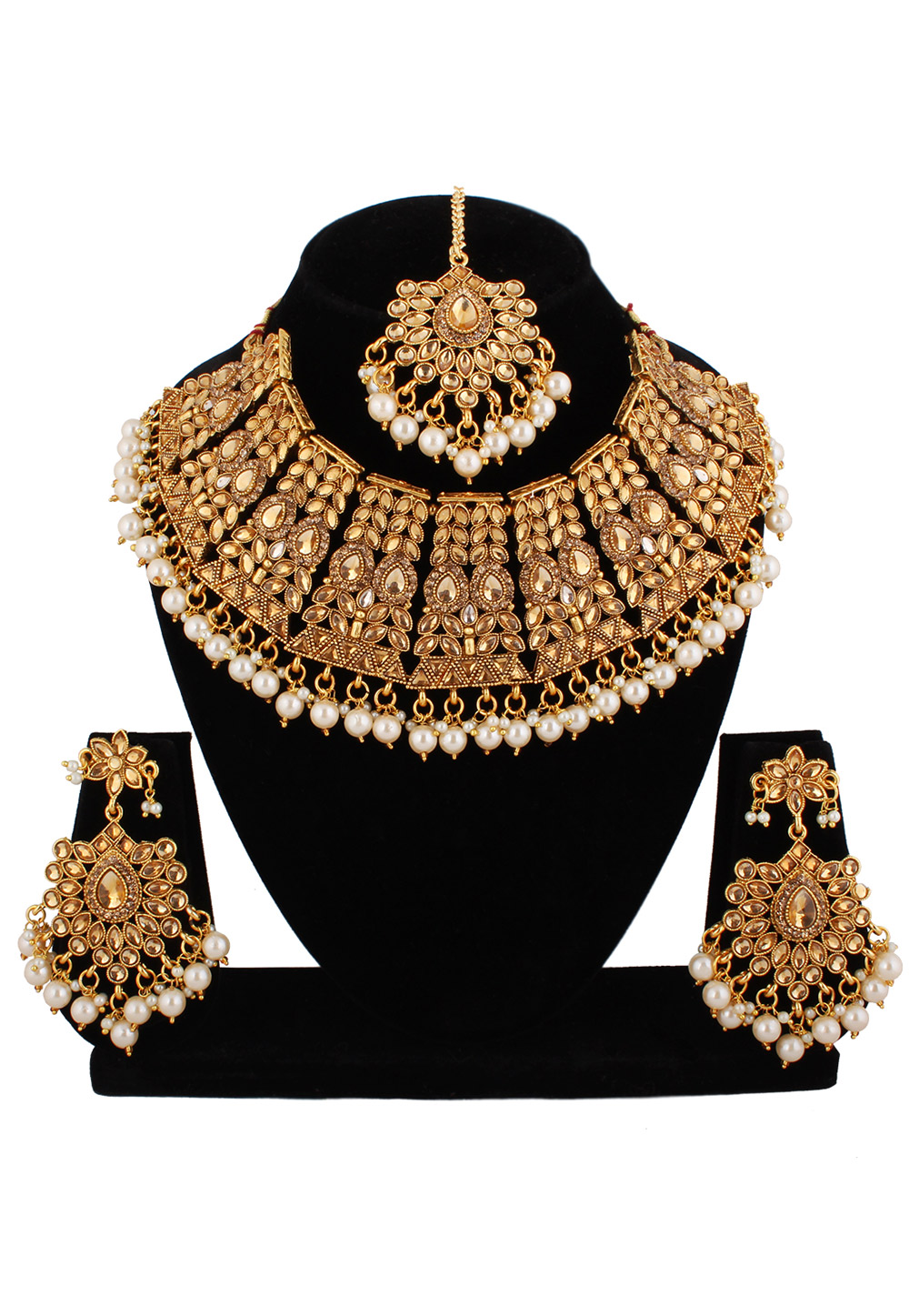 Off White Alloy Austrian Diamond Necklace Set With Earrings and Maang Tikka 220281