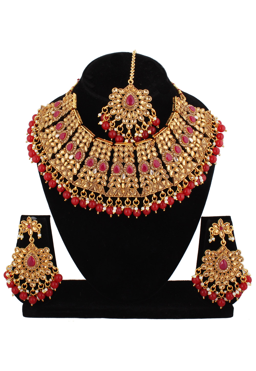 Green Alloy Austrian Diamond Necklace Set With Earrings and Maang Tikka 220286