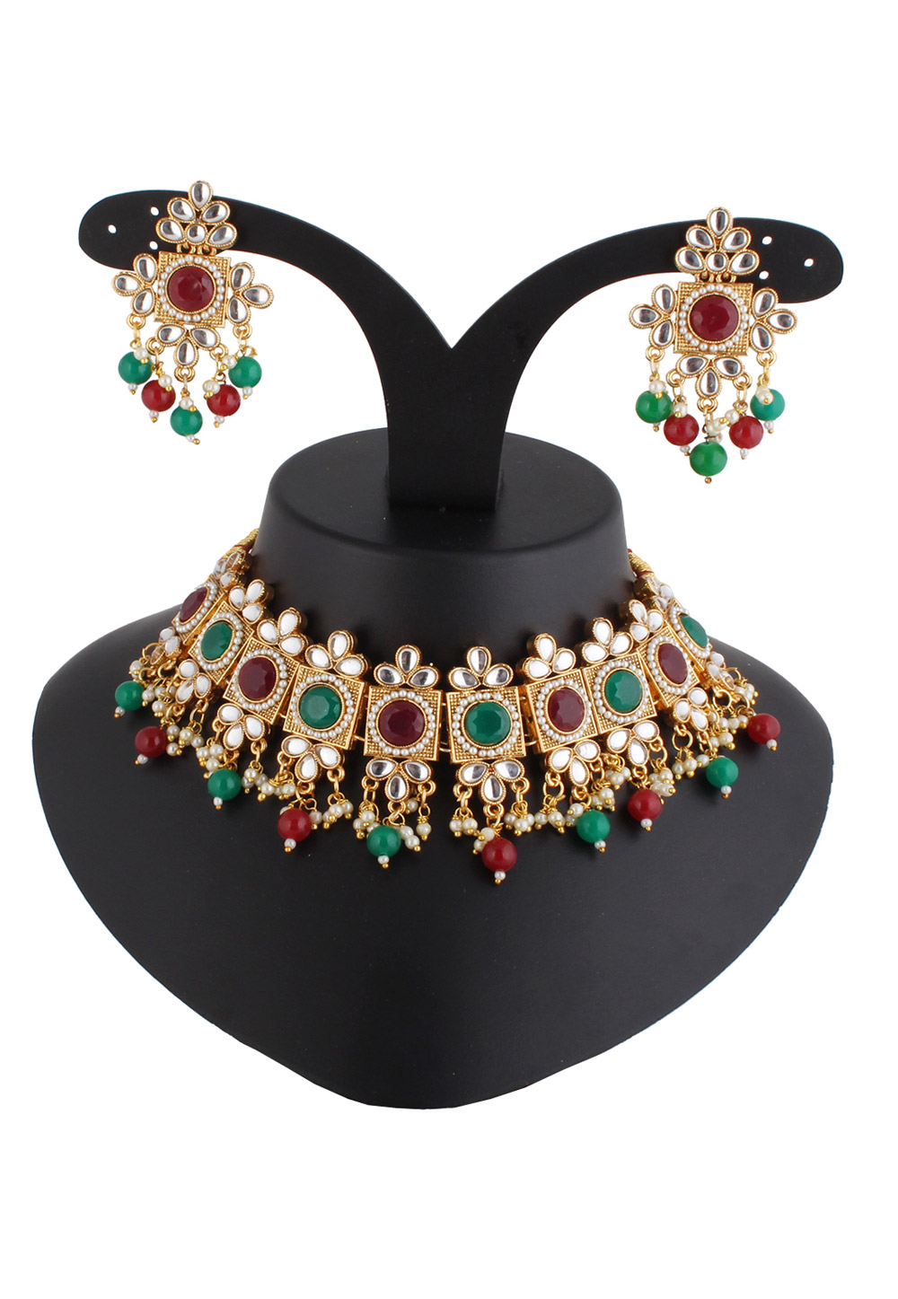 Green Alloy Austrian Diamond Necklace Set With Earrings 220287