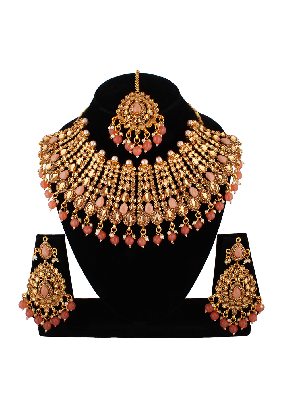 Peach Alloy Austrian Diamond Necklace Set With Earrings and Maang Tikka 223771