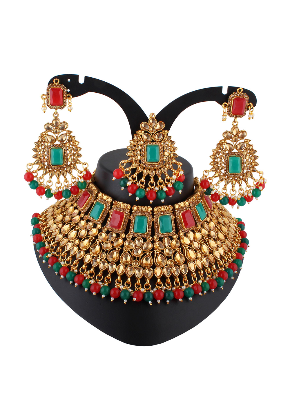 Green Alloy Austrian Diamond Necklace Set With Earrings and Maang Tikka 223775