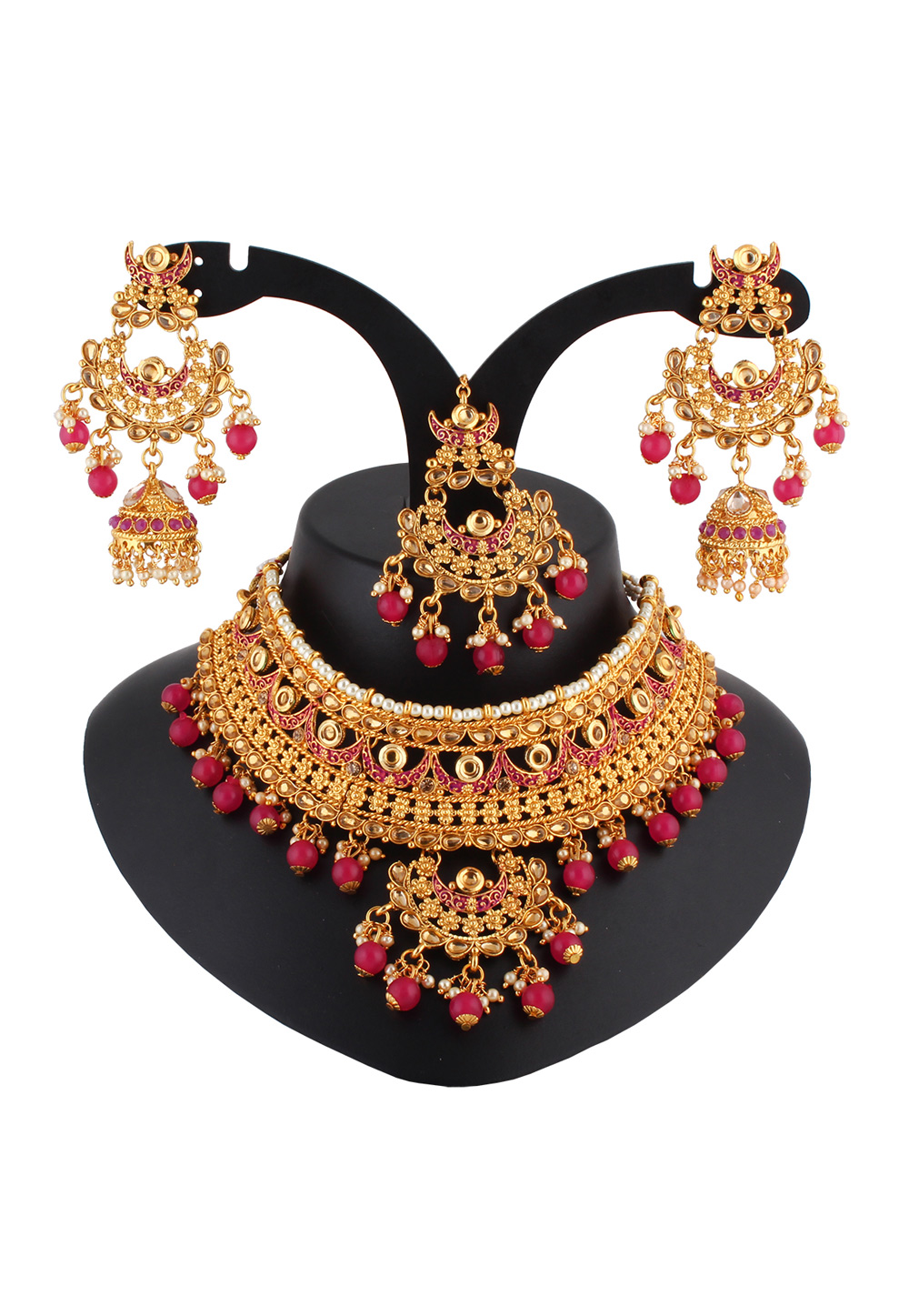 Pink Alloy Austrian Diamond Necklace Set With Earrings and Maang Tikka 223788