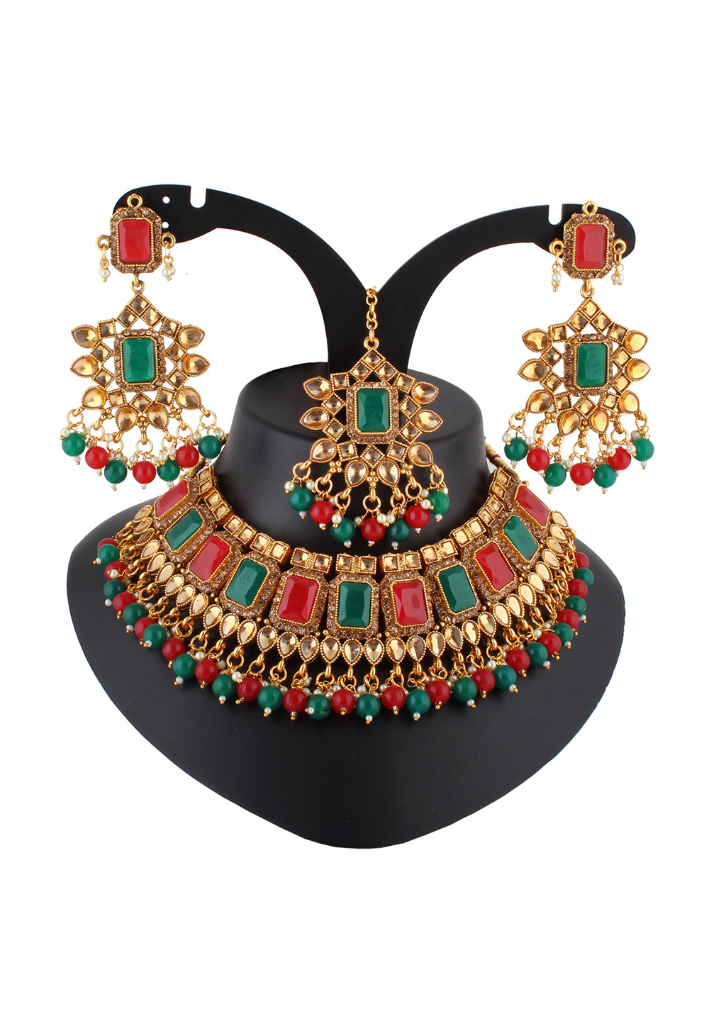 Green Alloy Austrian Diamond Necklace Set With Earrings and Maang Tikka 223795