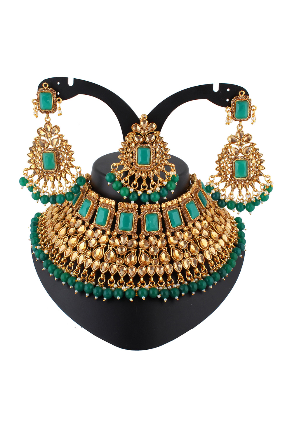 Green Alloy Austrian Diamond Necklace Set With Earrings and Maang Tikka 223798