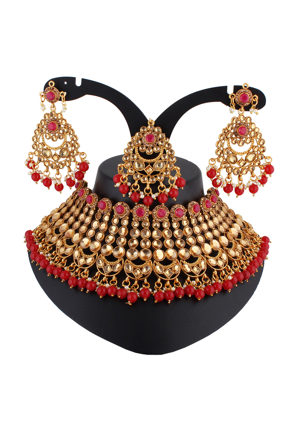 Maroon Alloy Austrian Diamond Necklace Set With Earrings and Maang Tikka 223802