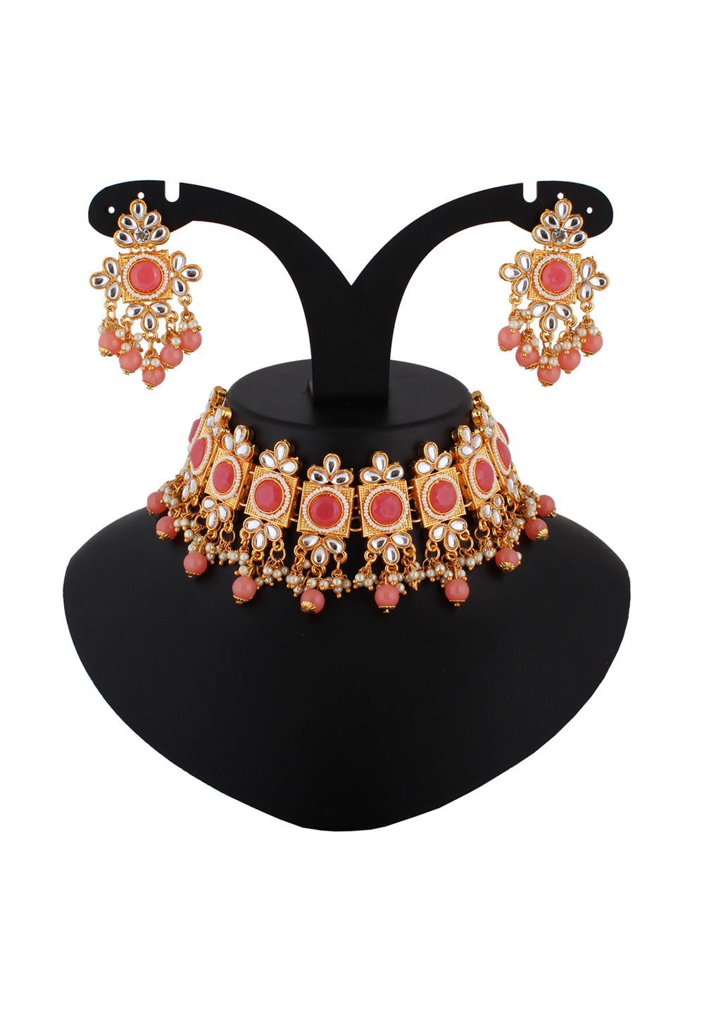 Pink Alloy Austrian Diamond Necklace Set With Earrings 223804