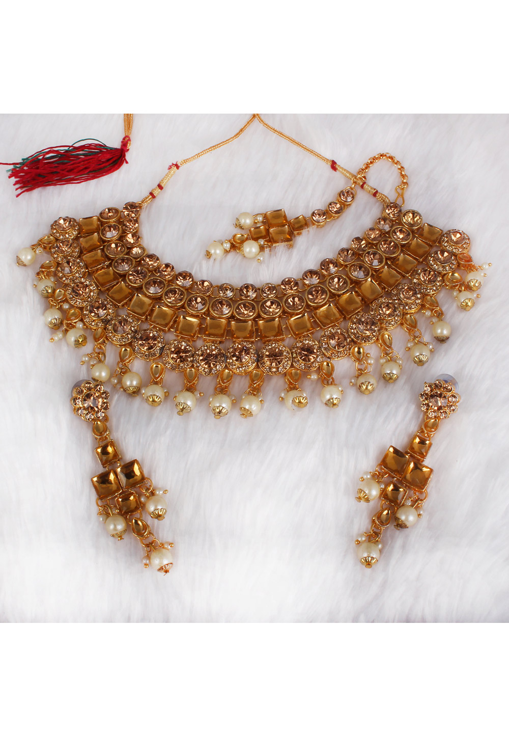 Golden Alloy Necklace Set With Earrings and Maang Tikka 257272