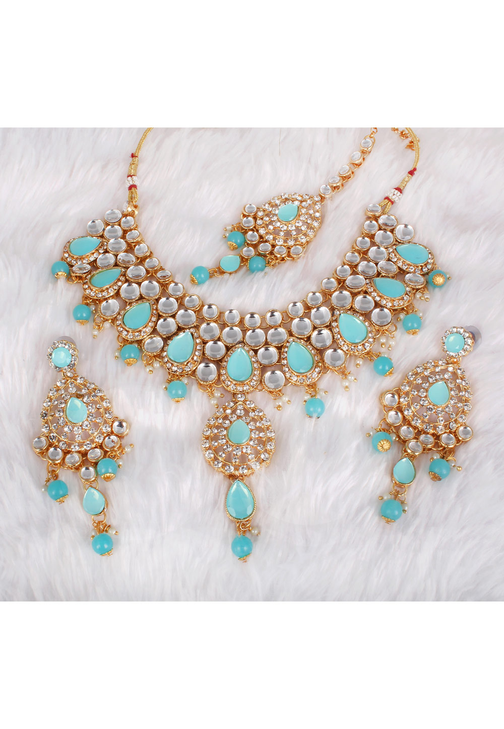 Sky Blue Alloy Necklace Set With Earrings and Maang Tikka 257336