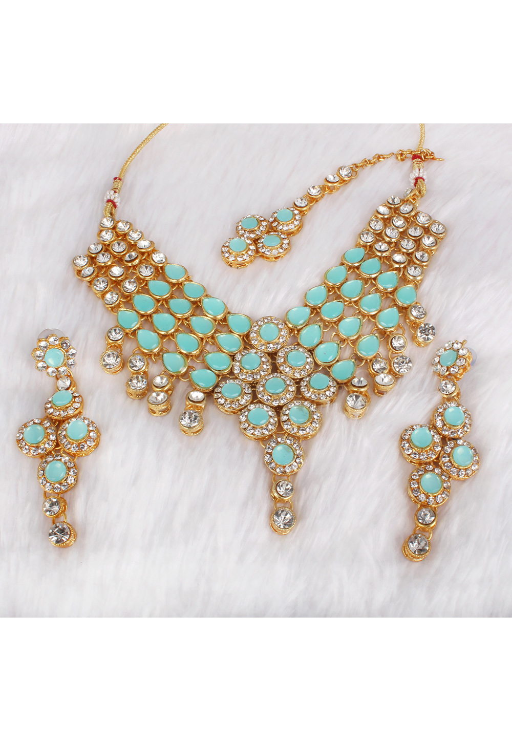 Sky Blue Alloy Necklace Set With Earrings and Maang Tikka 257341