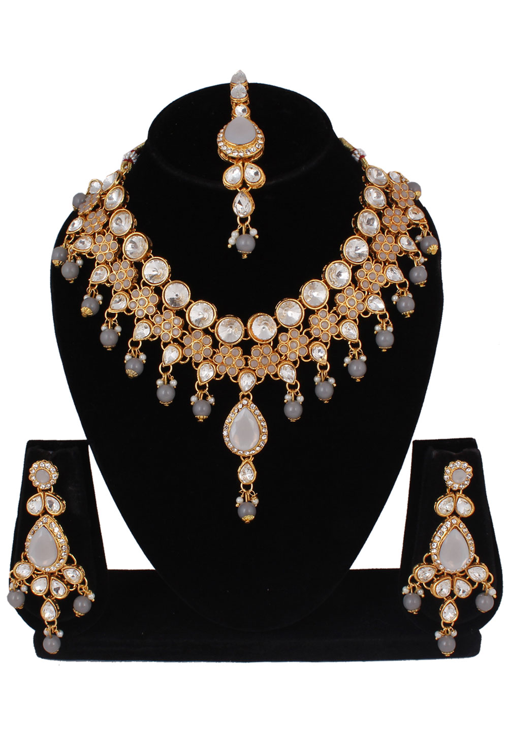 Grey Alloy Necklace Set With Earrings and Maang Tikka 257358