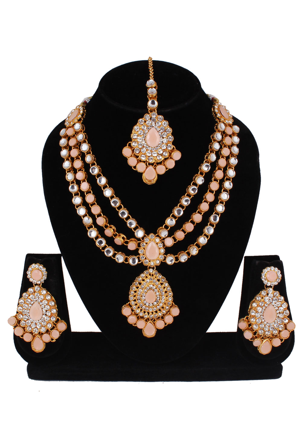 Peach Alloy Necklace Set With Earrings and Maang Tikka 257384