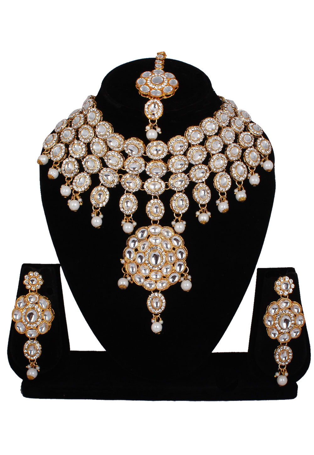 Off White Alloy Necklace Set With Earrings and Maang Tikka 257395