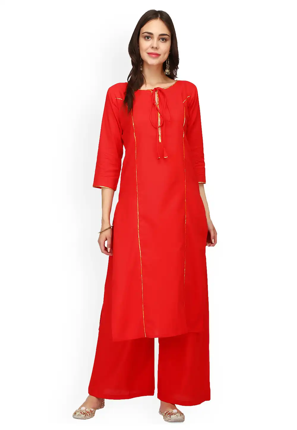 Red Rayon Readymade Kurta Set With Palazzo 213401