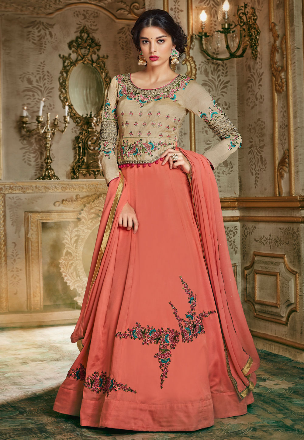 Orange Barfi Silk Embroidered Floor Length Anarkali Suit 167066