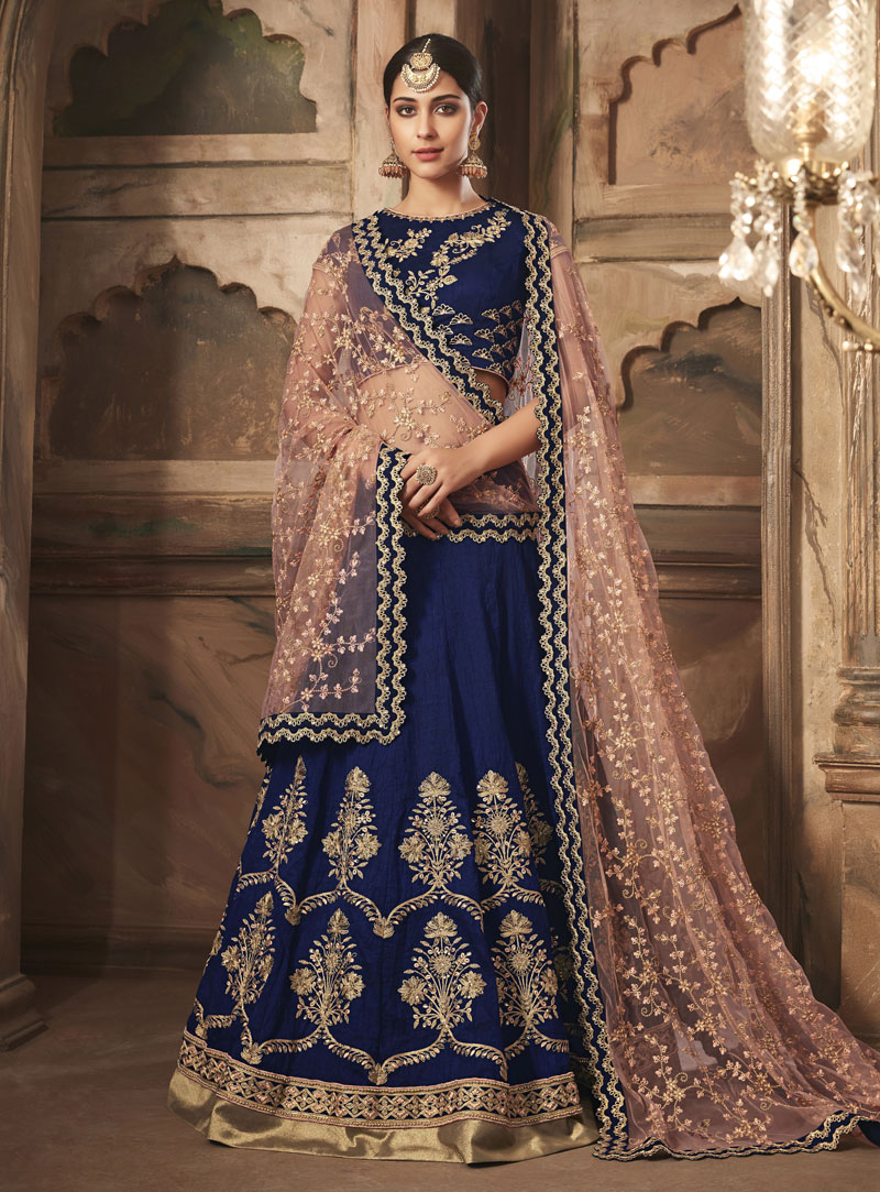 Navy Blue Banarasi Silk A Line Lehenga Choli 146257