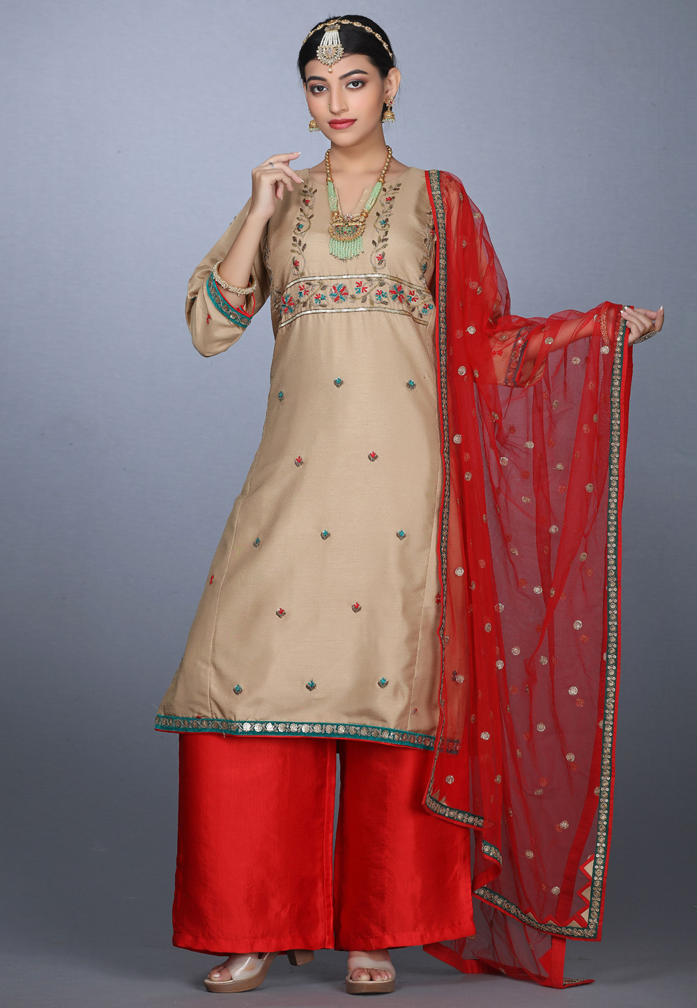 Beige Art Silk Handwork Palazzo Suit 240161