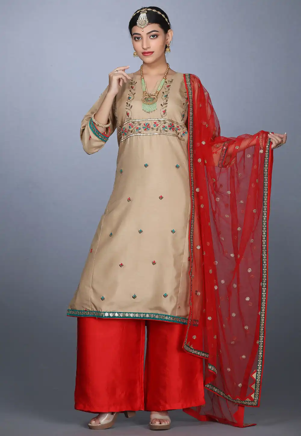 Beige Art Silk Handwork Palazzo Suit 240161