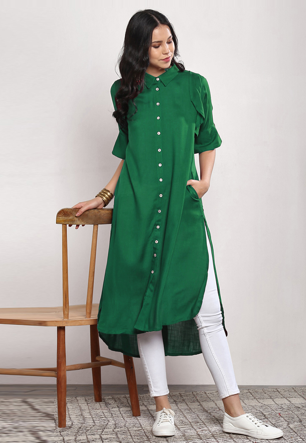 Green Rayon Readymade Kurta Set With Pant 213549
