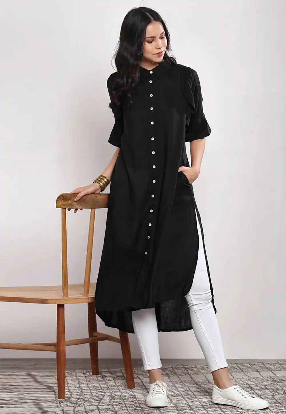 Black Rayon Readymade Kurta Set With Pant 213550