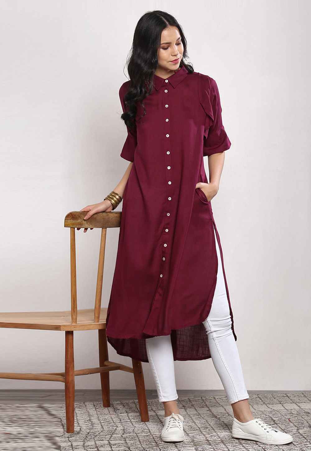 Maroon Rayon Readymade Kurta Set With Pant 213402