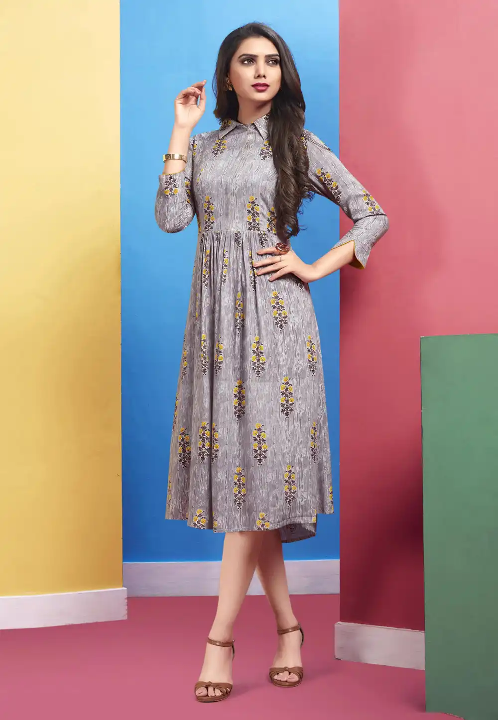 Grey Rayon Readymade Printed Kurti 201301