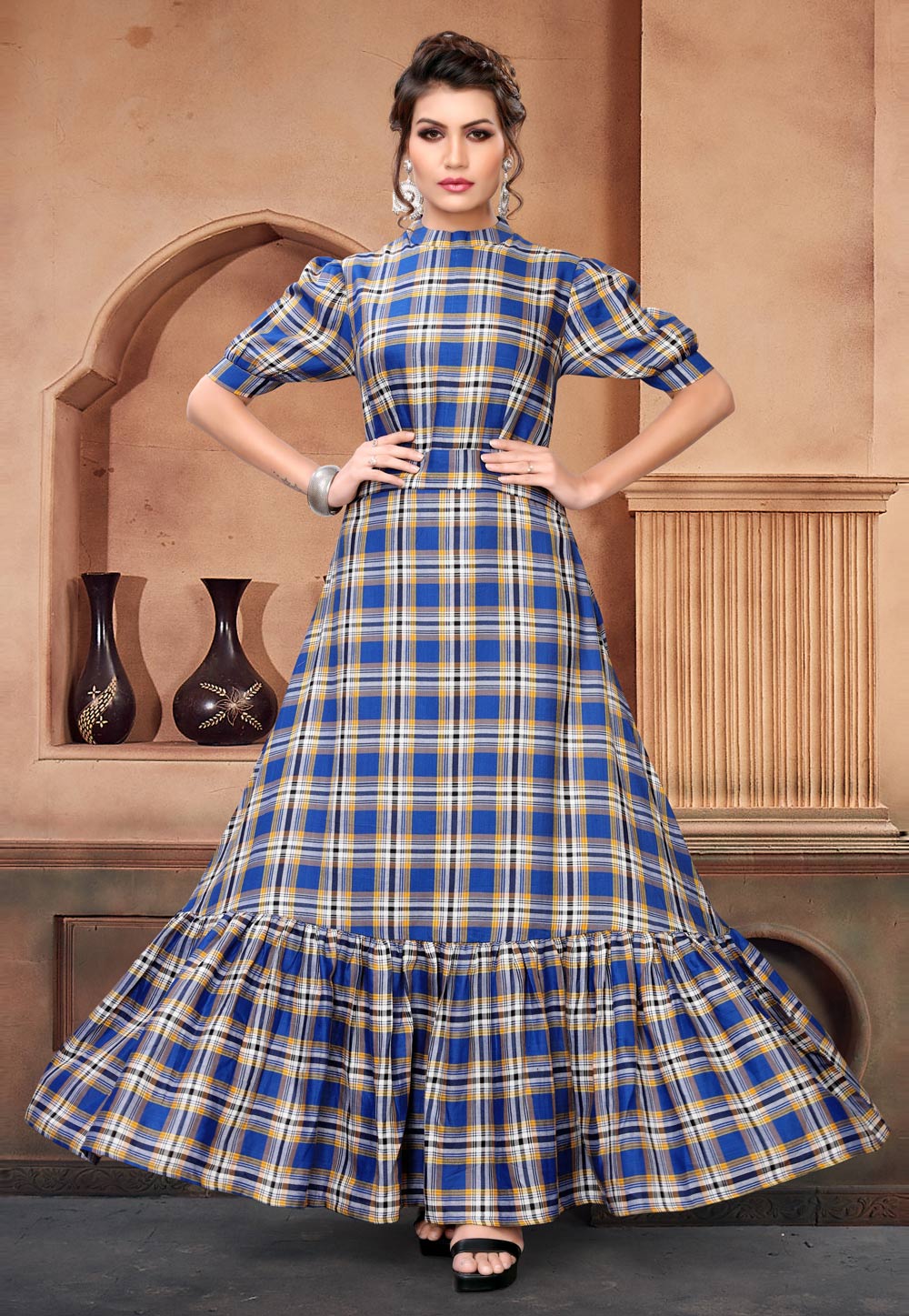 Blue Cotton Readymade Gown 166894