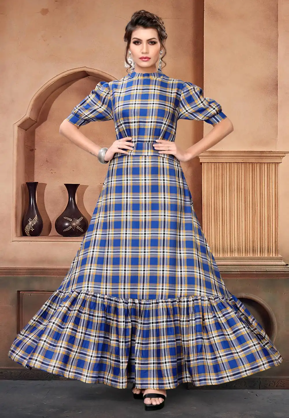 Blue Cotton Readymade Gown 166894