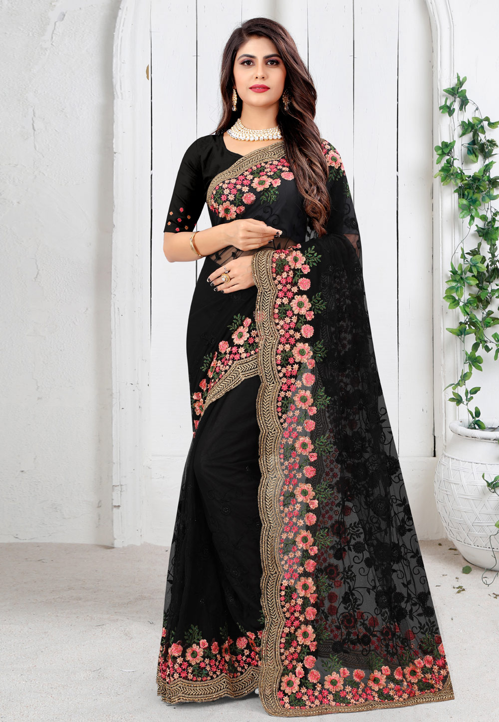 Black Net Saree With Blouse 233932