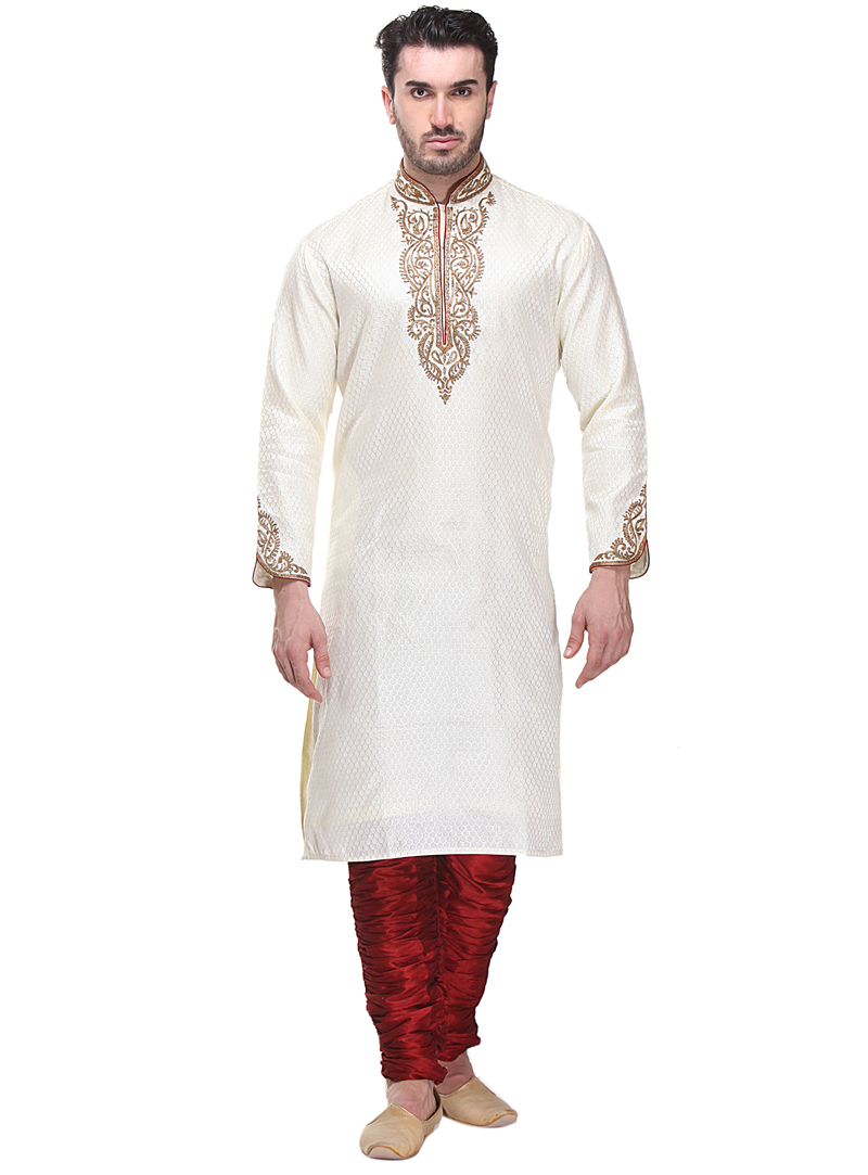 White Brocade Readymade Kurta Pajama 99177