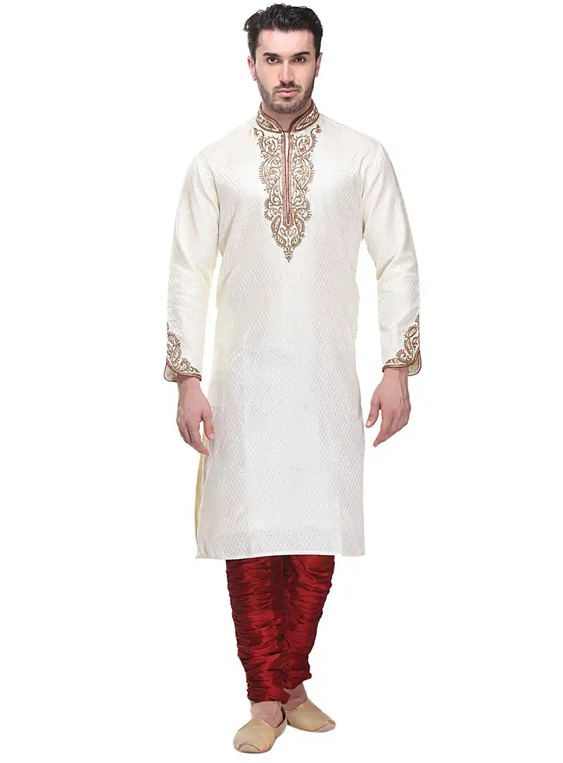White Brocade Readymade Kurta Pajama 99177