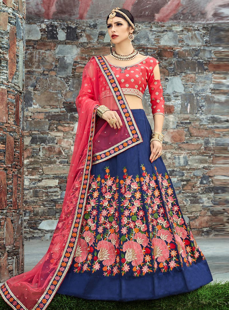 Navy Blue Silk A Line Lehenga Choli 136726