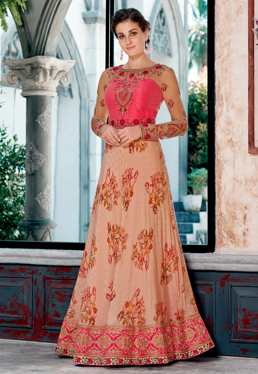 Beige Silk Embroidered Gown 163810