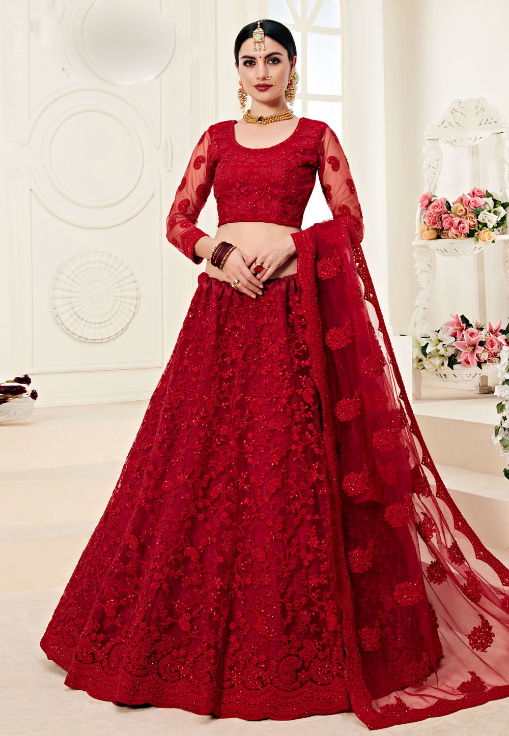 Red Net Circular Lehenga Choli 198719